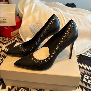 Pour La Victoire Black Heels with Pearl Detailing